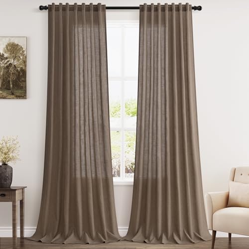 Image of Extra Long Light Brown Curtain 108 Inches Long 2 Panels Set Back Tab Linen Drapes for Living Room Neutral Farmhouse Light Filtering Semi Sheer Linen Curtains 108 Inch Length for Large Window 9 FT