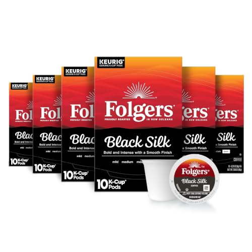 Folgers Black Silk Coffee, Dark Roast, Keurig K-Cup Pods, 60 Count | 6 (10 count) boxes, Dark roast coffee, Compatible with Keurig coffee makers - image 1