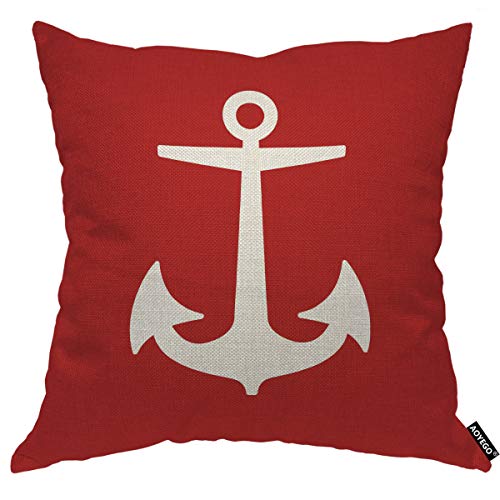 Aoyego White Anchor Throw Pillow Cover Sail Boat Equipment Marine Ocean Nautical Ship Red Background Pillow Case 18X18 Inch Decorative Men Women Boy Girl Room Cushion Cover For Home Couch Bed #TOP20