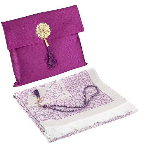 Modefa Islamic Prayer Mat Muslim Gifts - Thin Travel Muslim Prayer Rug in Taffeta Gift Bag with Tasbih Beads Prayer Matt Islam - Chenille Turkish Praying Carpet - Ramadan Gifts (Fuchsia)