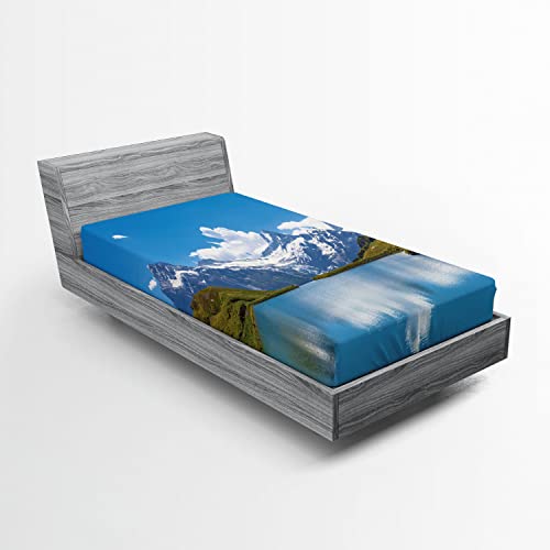 Ambesonne Landscape Fitted Sheet, Dreamy View of Alpine Lake with Snow Frozen Peaks Swiss Northern Explore, Bed Cover with All-Round Elastic Deep Pocket for Comfort, Twin XL Size, Azure Blue