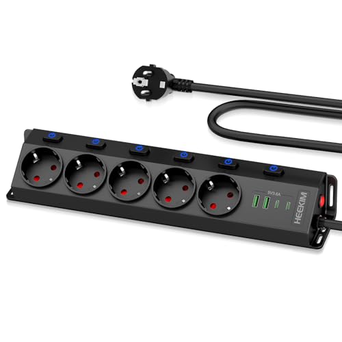 Multiprise 5 Prises avec 2 USB-A et 2 USB-C, Multiprise avec Interrupteur 4000W 16A, Rallonge Électrique 2M pour Cuisine et Bureau, Noir (Noir, 2M)