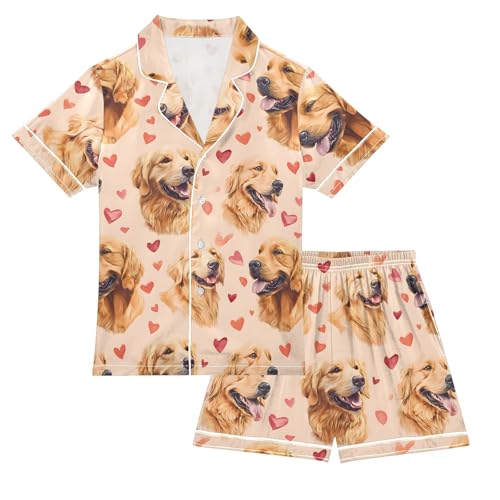 Golden Hair Love Pattern Summer Satin Pajama Set, Cute Button-Down Sleepwear Pj Set for Sleep Wears