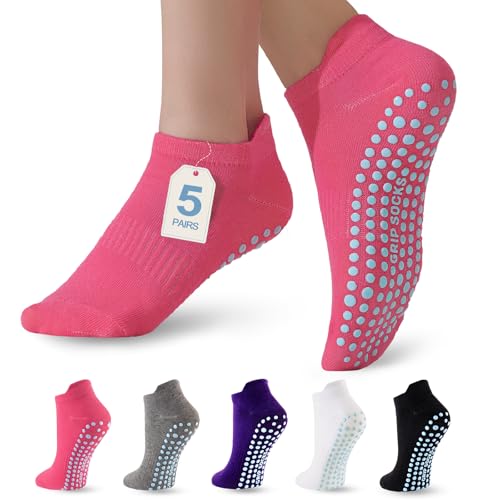 kepiibi 5 Pairs Womens Pilates Grip Socks Yoga Crew Grippy Non Slip Socks for Barre Ballet Dance & Hospital