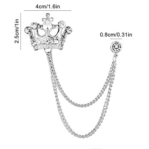 2PCS Men's Crown Hanging Chain Brooch with Stone Detailing, Engraving, Metal Crystal, Suit Stud Lapel Pin, Vintage Rhinestone Breastpin Wedding Brooch Pin, Gold and Silver2