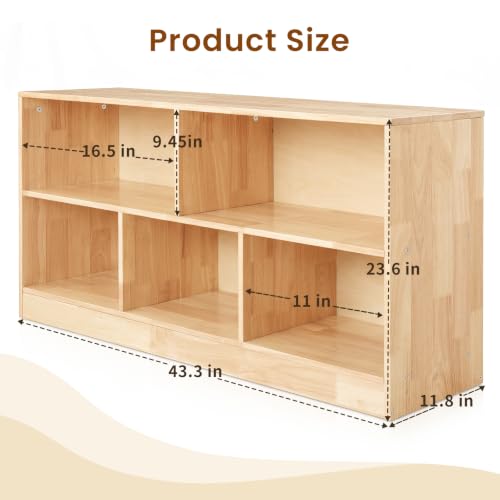 Image of Solid Rubber Wood Kids Storage Cabinet, 5-Section Toddler Montessori Bookshelf, Kids Organizer for Classroom, Playroom, Kindergarten, Large Size