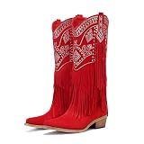 UTIKLIOU Cowboy Boots for Women Knee High Cowgirl Western Fringe Boots Rhinestone Chunky Heel Pointed Toe Red 9.5