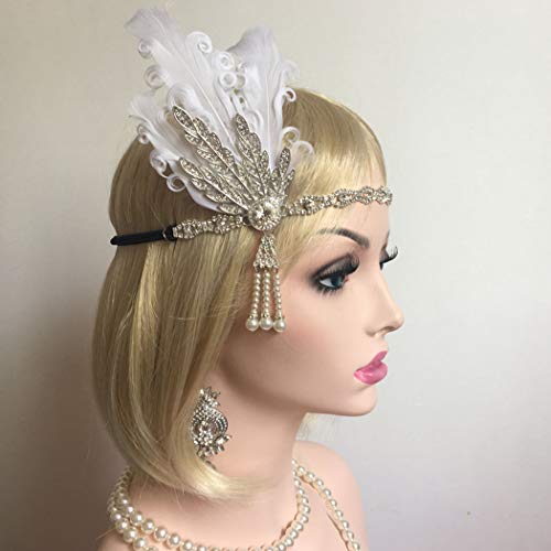 Casdre Vintage White Feather Headband Pearl 1920S Flapper Headpieces Crystal Gatsby Headband 20S Great Gatsby Hair Accessories For Women And Girls #TOP6