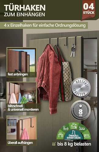 4smile Türhaken zum Einhängen, 4er Set - Schwarze Kleiderhaken für Tür oder Schrank, vielseitige Haken zum Einhängen - Türgarderobe mit hoher Tragkraft, stabile Türhakenleiste