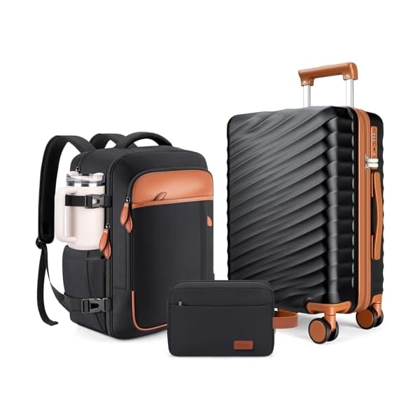 3 Piece Luggage Set with Travel Backpack, 20” PC Hardside Suitcase with Spinner Wheels, Flight Approved Carry On Luggage with YKK Zippers & TSA Lock