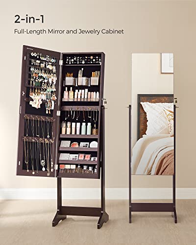 Image of SONGMICS Jewelry Cabinet Armoire, Freestanding Lockable Storage Organizer Unit with 2 Plastic Cosmetic Storage, Full-Length Frameless Mirror, for Necklace Earring, Brown UJJC002K01