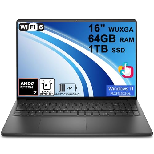 Image of Dell 16 Laptop 16 inch WUXGA Touchscreen AMD 8-core Ryzen 7 250 (>i7-1355U) 64GB DDR5 1TB SSD Backlit ExpressCharge Wi-Fi6 for Creator Designer Business Professional Work Win11Pro