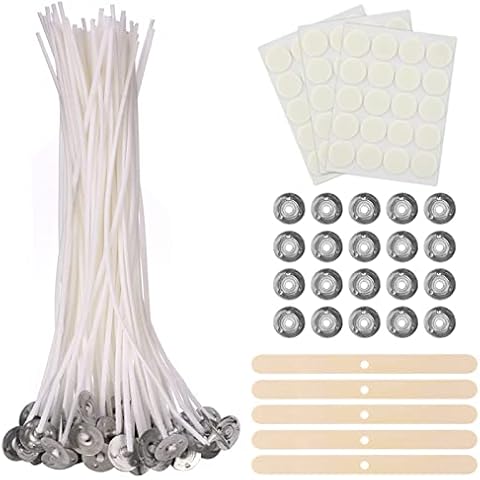 Kerzendocht (100 Stück), 15cm Dochte für Kerzen mit 5 Stück Dochthalter aus Holz und 60 Doppelseitige Dots Docht Aufkleber, Geruchlos Kerzendochte für Kerzen für die Kerzenherstellung Candle DIY Cover