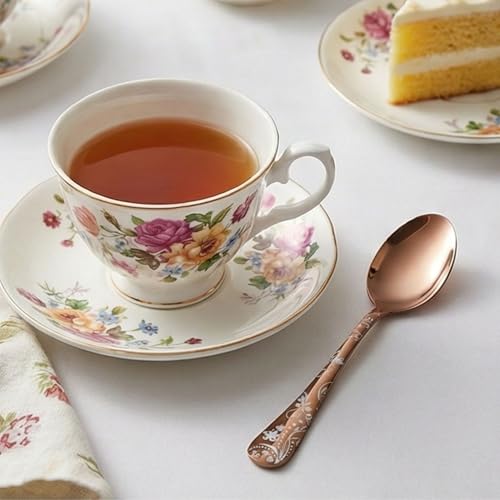 Image of 6.7 inch Rosegold Dessert Spoons with Floral Printed Handle | Set of 5 Durable Stainless Steel Teaspoons | Mirror Polished Silverware for Home, Restaurants, and Gift Giving