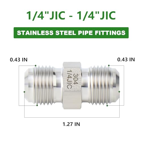 Image of TAISHER 2PCS Forging of 304 Stainless Steel JIC Flare Tube Fittings, 1 /4 inch JIC Male x 1 /4 inch JIC Male, Union