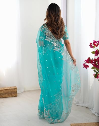 Image of SIRIL Women's Organza Sequence Embroidery Saree With Unstitched Blouse Piece