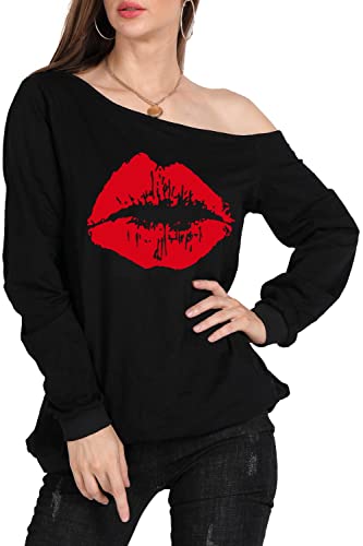 Magicmk Woman’s Sweatershirt Lips Print Causal Blouse Off The Shoulder Long Sleeve Loose Slouchy Pullover (Med, Black/Red) #TOP4