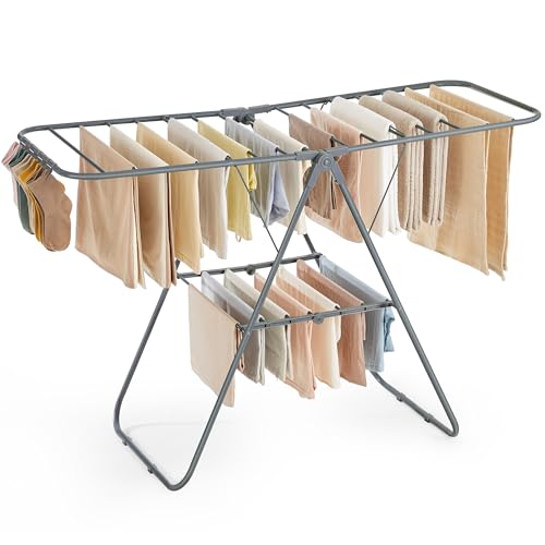 SONGMICS Clothes Drying Rack, with Sock Clips, Metal Laundry Rack, Foldable, Space-Saving, Free-Standing Airer, with 2 Height-Adjustable Gullwings, Indoor Outdoor Use, Gray ULLR052G01