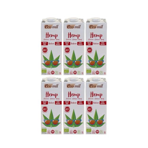Ecomil - Bebida Vegetal de Cáñamo Eco, Pack 6 x 1 Litro, Hemp Nature Bio, Fuente de Omega 3, Sin Azúcares Añadidos, Sin Gluten, Apta para Veganos, Alternativa Saludable a la leche