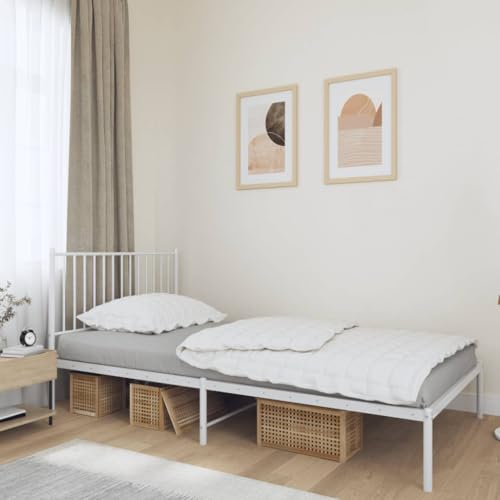 zylophax Cadre de lit métal Blanc avec tête de lit, sommier à Lattes 107x203 cm, Structure Robuste Acier, Espace Rangement sous lit, Pieds centraux Support Matelas, Chambre Adulte Enfant