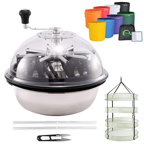 iPower Bud Leaf Bowl Trimmer 16" Sharp Stainless-Steel Blades for Spin Cut with 4-Layer Hanging Herb Drying Rack, Clear Dome and Upgraded Gear, 5 Gallon 8 Bubble Hash Bags Included