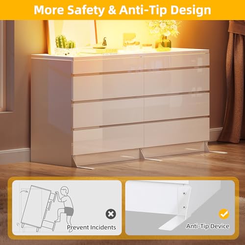 Dwvo MADWVKVVUR 8 Drawer Dresser With Led, White Dresser, Modern 8 Chest Of Drawers With Deep Drawers Glass Top High Gloss Surface thumb #4