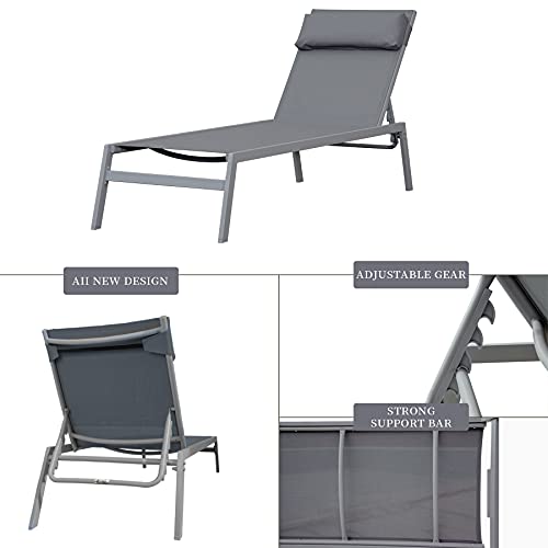 3 Pieces Patio Chaise Lounge Set (2021 New) - Adjustable Steel Textilene Chaise Lounge Set Outdoor Lounge Chair Set Sunbathing Recliner with Headrest and Coffee Table by domi outdoor living, Gray