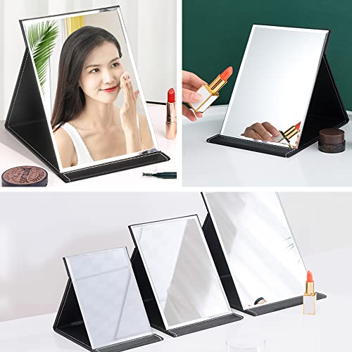 Sitake 2 Pcs Portable Folding Makeup Mirror With Adjustable Stand, Pu Leather Desktop Vanity Mirror For Personal Office Travelling(Mini & L, Black) #TOP3