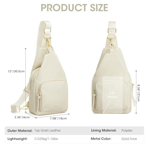 Image of Kattee Small Leather Sling Bag for Women with RFID Blocking,Beige | Top grain pebbled leather with RFID blocking, multiple pockets, and a convertible strap for travel.