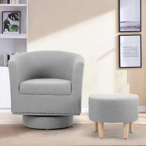 DAZONE Swivel Accent Chair, Modern Barrel Chair with Ottoman, Comfortable Living Room Chairs Upholstered Armchairs 360 Degree Swivel Round Club Tub Armchair for Bedroom Reading Room, Grey