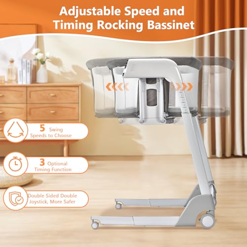 4 in 1 Rocking Bassinet for Baby Automatic Bedside Bassinet Electric Baby Cradle with Mattress, 7 Heights Adjustable Bedside Sleeper for Babies Infant Smart Auto Rocking Crib with Playpen Game Bed