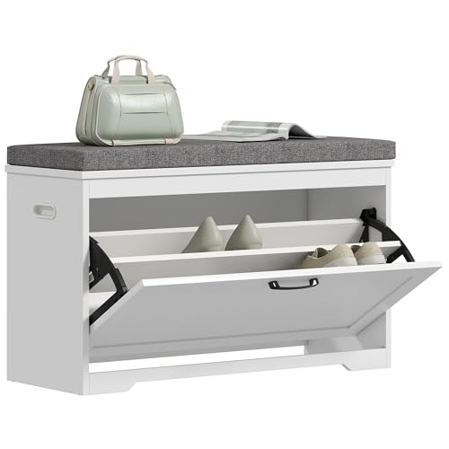 HOMCOM Banco Zapatero, Banco Recibidor Moderno, con Asiento Acolchado, Estante Ajustable, para 8 Pares de Zapatos, para Entrada, Pasillo, Dormitorio, 80x30x50 cm, Blanco