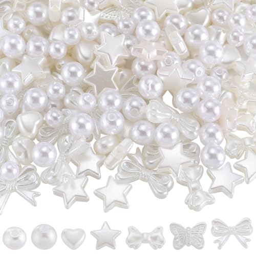 SUNNYCLUE 7 Styles 450Pcs ABS Imitation Pearl Beads Bulk Loose White Bead Plastic Heart Star Bowknot Butterfly Round Aesthetic Spacer Beads for jewellery Making DIY Necklace Bracelets Earring Beginner
