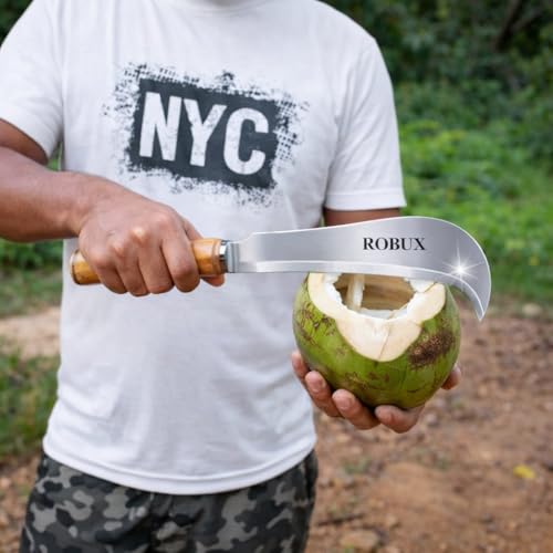 Image of ROBUX Handmade Suspension Billhook Knife | Traditional Agricultural Tool | High Carbon Steel Curved Blade with Wooden Handle | Coconut Cutter & Multipurpose Garden Tool