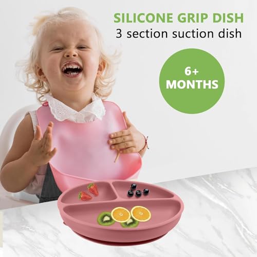 Image of Xacton Silicone Suction Plates for Baby Microwave,Dishwasher, Freezer Safe Unbreakable | 3 Divided Portion with 4 Suction Cup Feeding Plate for Baby & Toddlers (Pink)