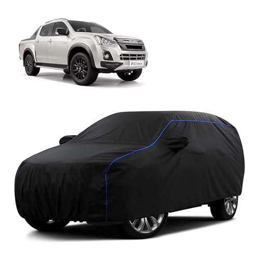 Image of Sulfar 100% Water Resistant Car Body Cover Compatible with Mirror for Isuzu V-Cross (Triple Stitched, Full Bottom Elastic, Black Tafetta with Blue Piping)