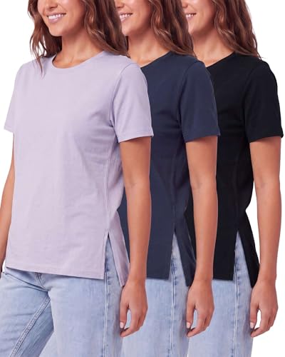 Real Essentials 3 Pack: Womens Cotton Split Hem T Shirts Short Sleeve Crew Neck Side Slit Stretchy Tees Casual Summer Spring- Set 2, M