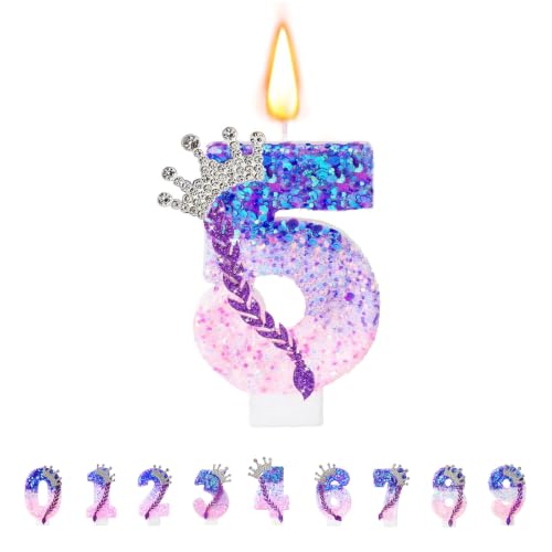Floruvia Velas de Número de Cumpleaños, Velas Rosa Lila Para Tartas, Toppers de Número Brillantes con Lentejuelas Para Decoraciones de Aniversario (Corona Trenza, 5)