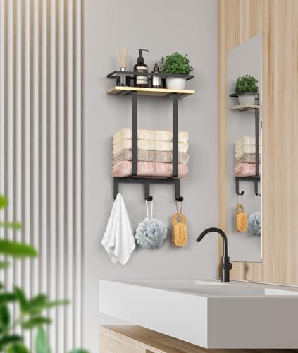 Luxspire Toallero de Pared para Baño, Soporte de Toallas Montado en la Pared con Estante Almacenaje y 3 Ganchos para Toallas Mano, Baño Aseo Lavandería, Negro+Madera - imagen 7