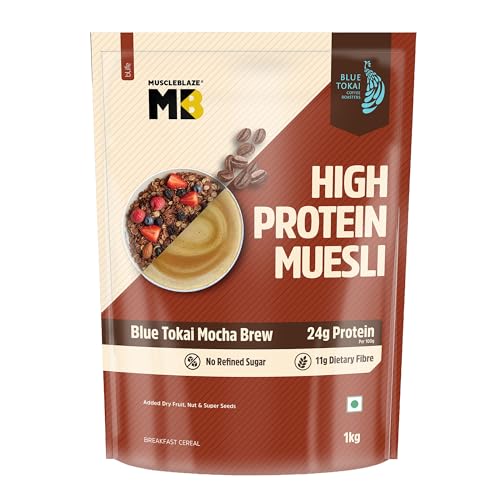 Image of MuscleBlaze High Protein Muesli (Blue Tokai Mocha Brew, 1kg) | 24g Protein | With Raisins, Almonds & Super Seeds, High Protein Breakfast Cereals