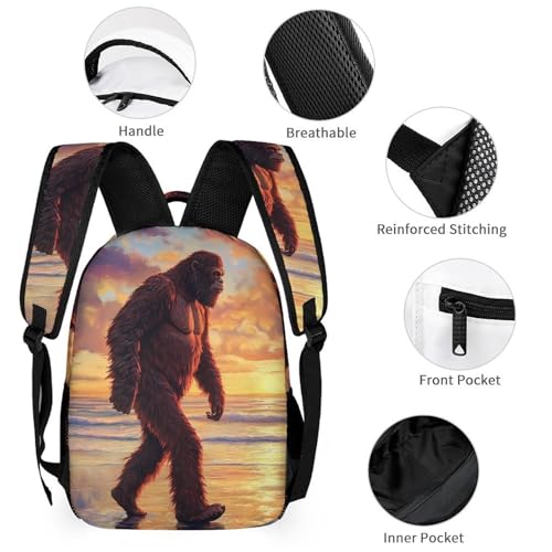 Bigfoot Walking in Beach Sunset Funny Backpack Sets Lightweight 3Pcs Daypack Set with Lunch Box And Pencil Case for Women Men3