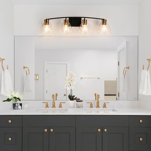 Image of KSANA Bathroom Light Fixtures, 4-Light Black and Plating Brass Vanity Lights for Bathroom, 32.3'' Large Modern Bathroom Lighting Lights Over Mirror with Clear Glass Shade
