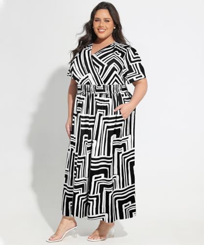 Image of CARCOS Plus Size Dresses for Curvy Women V Neck Summer Maxi Dress Short Sleeve Floral Boho Dress Smocked Waist Beach Dress