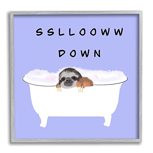 Image of 'Slow Down Baby Sloth Bubble Bath Lavender'| Framed Giclee Art | Stupell Industries | Gray, 24 x 24 Inches, Easy to Hang and Sturdy, Made in USA, by Ashley Singleton