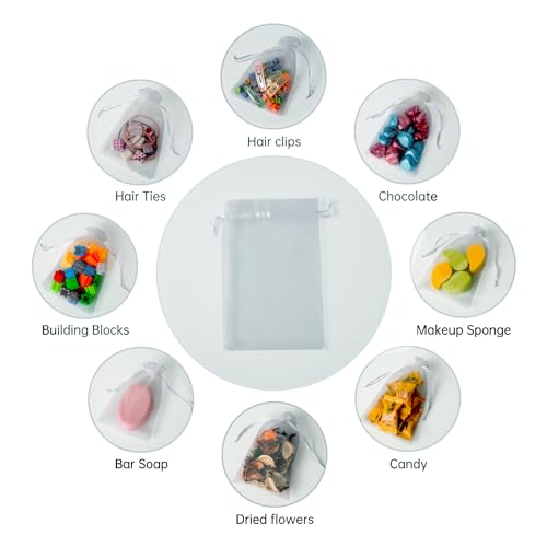 Image of YHJZ 100PCS Organza Bags, 4x6 inches (10x15cm) Small Mesh Bags Drawstring, Silver Jewelry Gift Pouches for Party, Festival, Bathroom Soaps