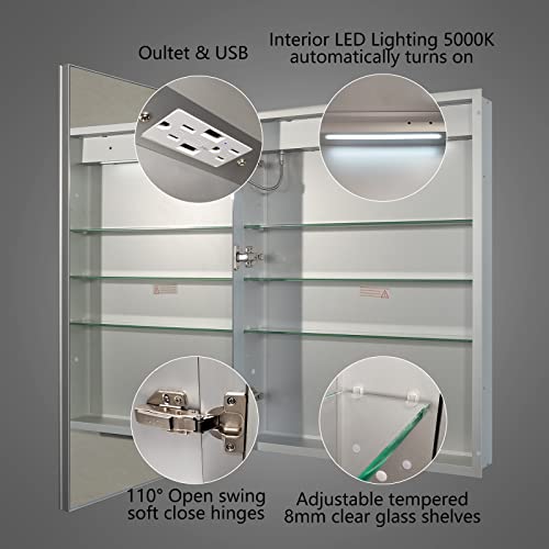 Exbrite Lighted Medicine Cabinet 24 X 32 Inch,Recessed Or Surface Led Medicine Cabinet, Clock&Room Temp Display,Defog,Dimming,Medicine Cabinet With Lights 3-Color Temper Chang,Hinge On The Left #TOP5