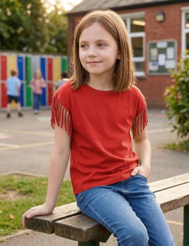 Image of Noomelfish Girls Fringe Sleeve T-Shirts Tassel Casual Summer Tee Tops (5-12 Years)