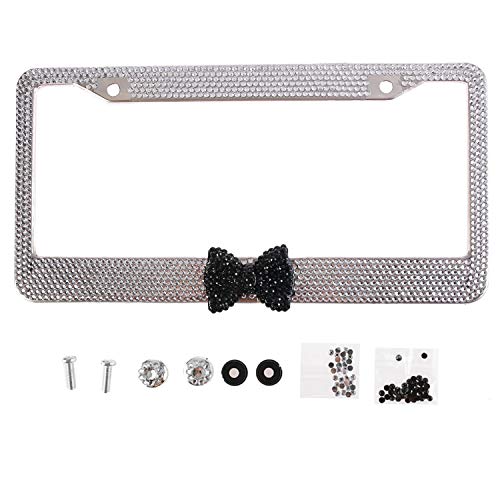 Handmade Fashion Clear Frame Black Bow Bling Crystal Car License Plate Frame Cute Waterproof Gift Rhinestone SUV License Plate Holder Stainless Steel Truck Plate Frame for Girl(1 Frame)