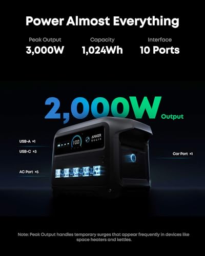 Image of Anker SOLIX C1000 Gen 2 Portable Power Station with 100W Bifacial Solar Panel, 2,000W (Peak 3,000W) Solar Generator, Full Charge in 49 Min, 1,024Wh LiFePO4 Battery for Home, Power Outages, and Camping