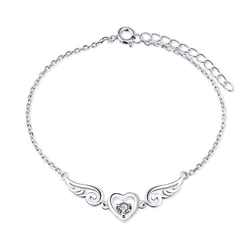 925 Sterling Silver Guardian Angel Wings Bracelets for Women, CZ Design Heart Adjustable Chain Bracelets for Jewelry